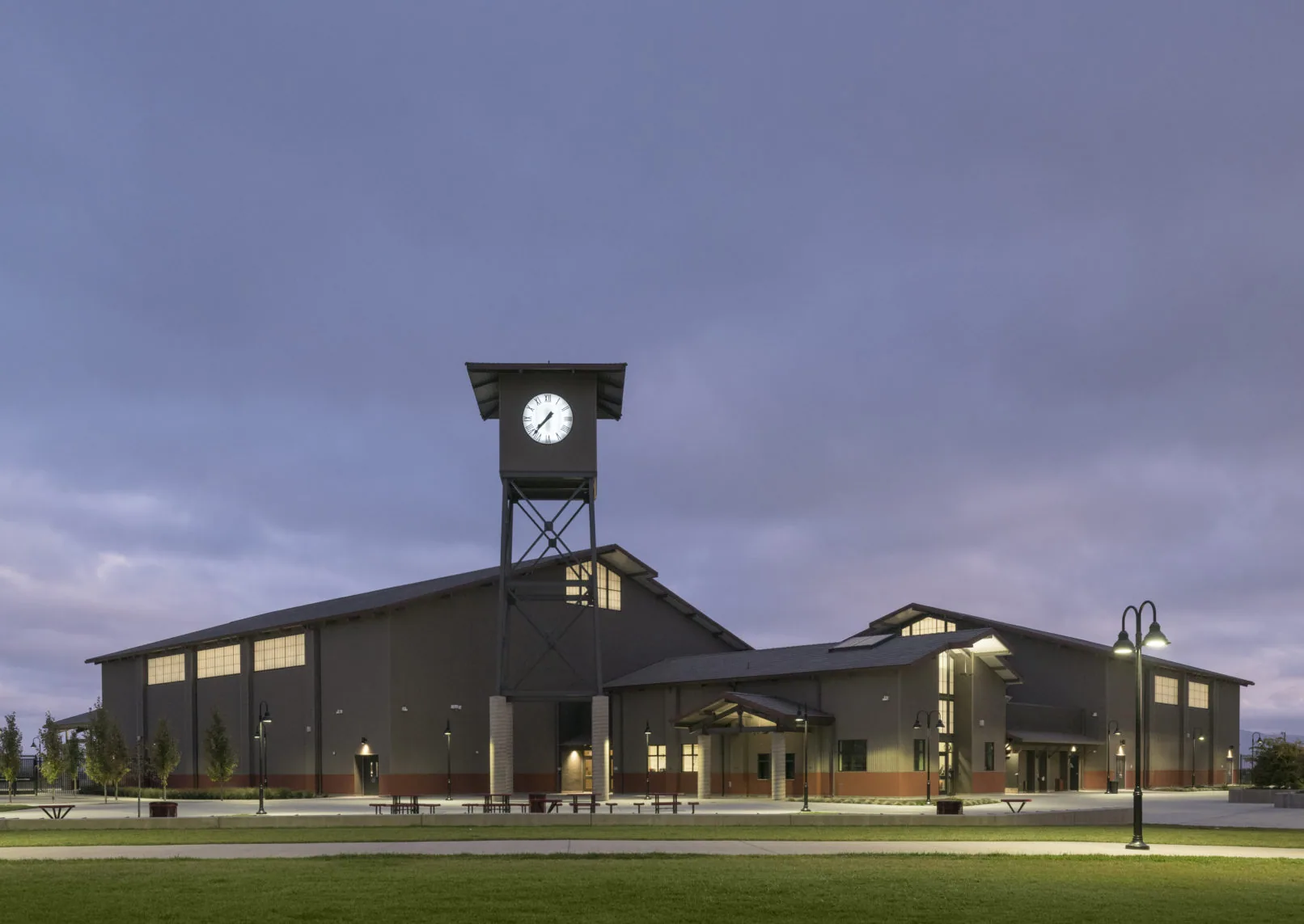 Rancho San Juan High School clock tower and exterior at dusk